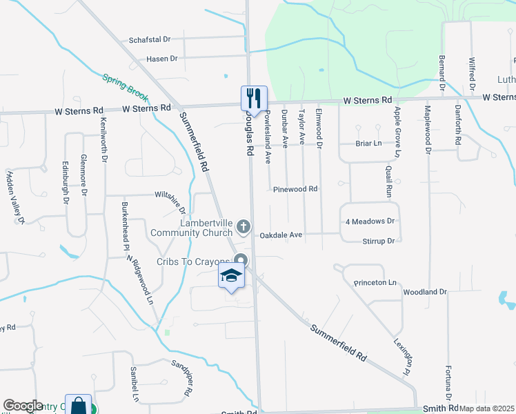 map of restaurants, bars, coffee shops, grocery stores, and more near 7220 Douglas Road in Lambertville