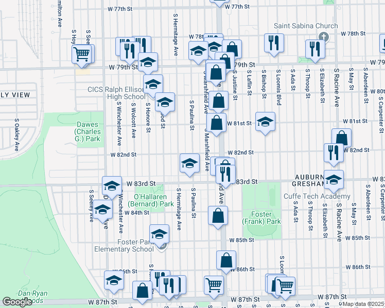 map of restaurants, bars, coffee shops, grocery stores, and more near 8201 South Paulina Street in Chicago