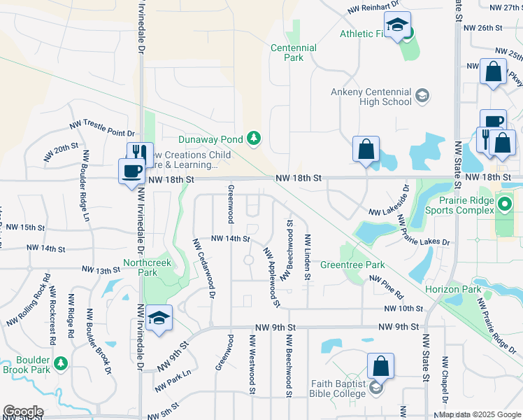 map of restaurants, bars, coffee shops, grocery stores, and more near 2517 Northwest 17th Street in Ankeny