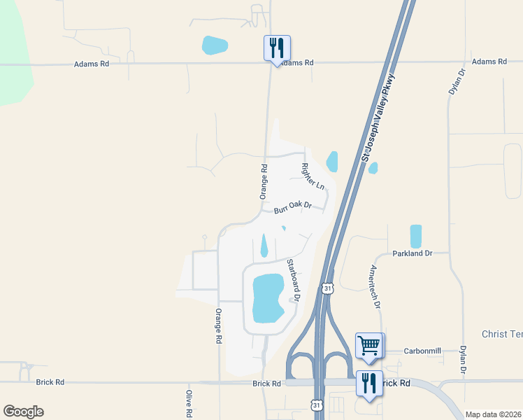 map of restaurants, bars, coffee shops, grocery stores, and more near 51499 Orange Road in South Bend