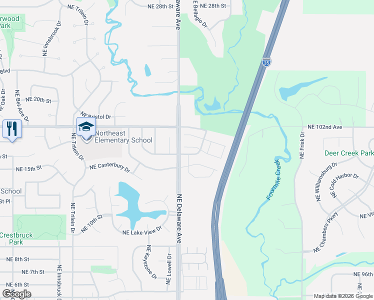map of restaurants, bars, coffee shops, grocery stores, and more near 1103 Northeast Ford Lane in Ankeny
