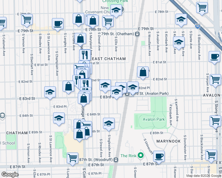 map of restaurants, bars, coffee shops, grocery stores, and more near 8237 South Ingleside Avenue in Chicago