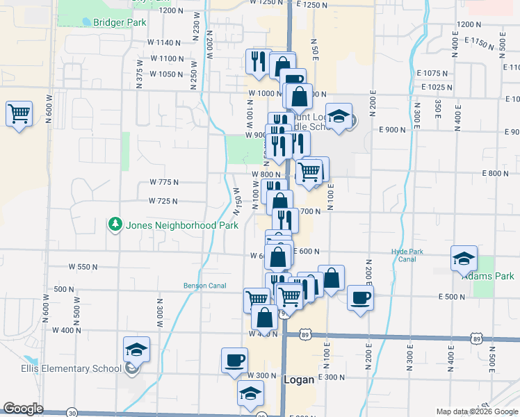 map of restaurants, bars, coffee shops, grocery stores, and more near 702 North 100 West in Logan