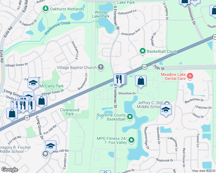 map of restaurants, bars, coffee shops, grocery stores, and more near 3357 Ravinia Circle in Aurora