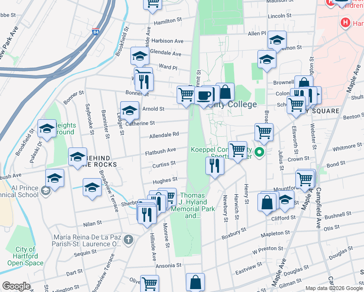 map of restaurants, bars, coffee shops, grocery stores, and more near 10 Flatbush Avenue in Hartford