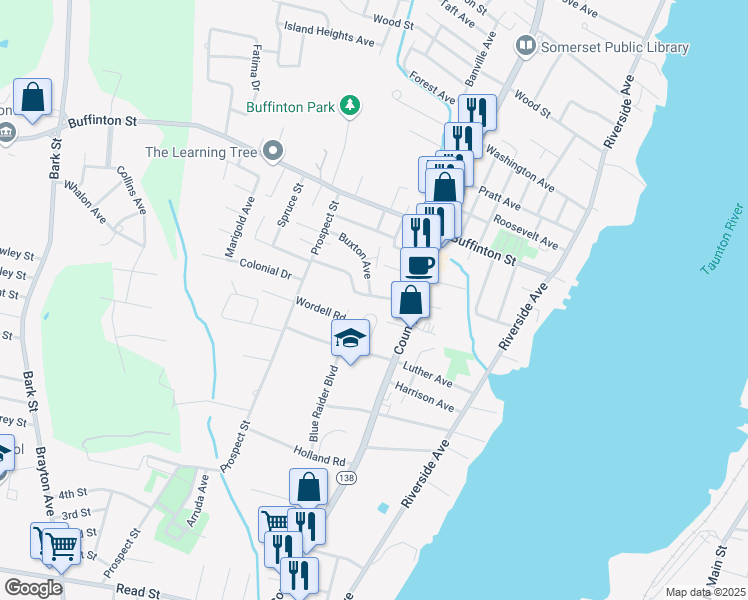 map of restaurants, bars, coffee shops, grocery stores, and more near 105 Shawomet Avenue in Somerset