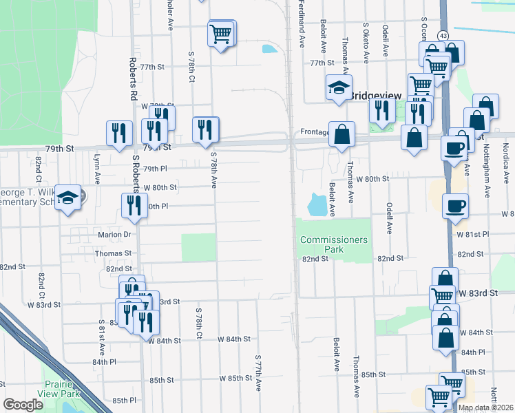 map of restaurants, bars, coffee shops, grocery stores, and more near 7705 80th Place in Bridgeview