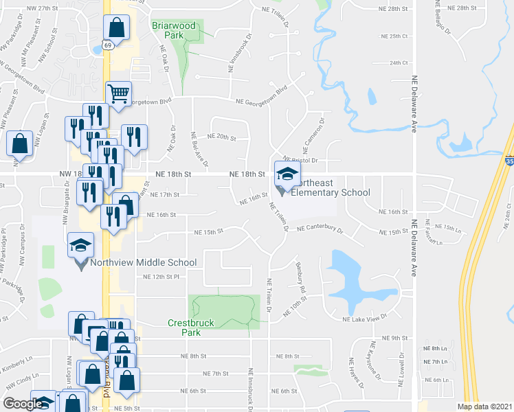 map of restaurants, bars, coffee shops, grocery stores, and more near 521 Northeast 16th Street in Ankeny