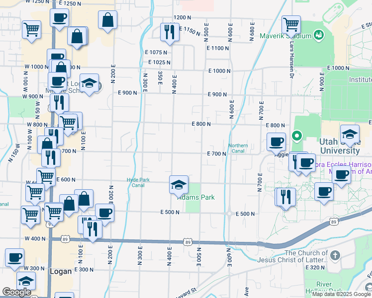 map of restaurants, bars, coffee shops, grocery stores, and more near 425 East 700 North in Logan