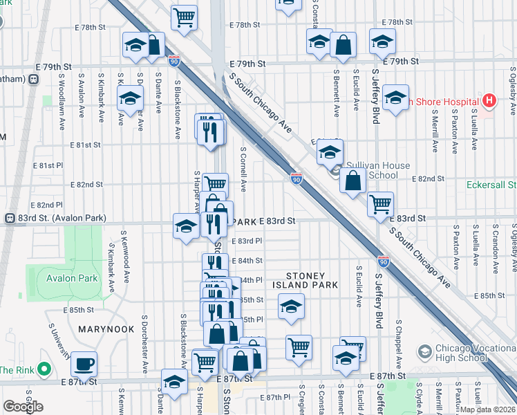 map of restaurants, bars, coffee shops, grocery stores, and more near 8234 South East End Avenue in Chicago
