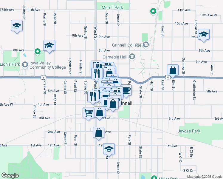 map of restaurants, bars, coffee shops, grocery stores, and more near 813 5th Avenue in Grinnell