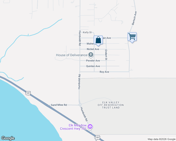 map of restaurants, bars, coffee shops, grocery stores, and more near 2432 Roy Avenue in Crescent City