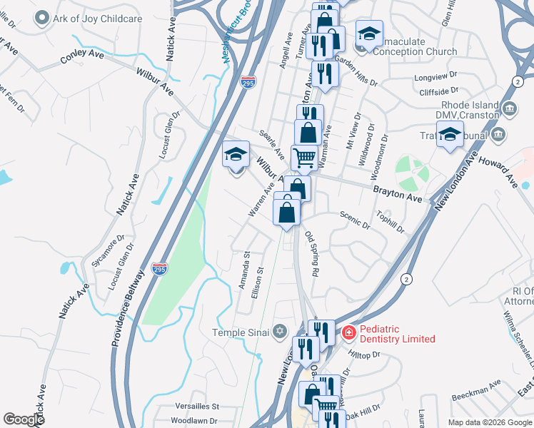 map of restaurants, bars, coffee shops, grocery stores, and more near 25 Allard Street in Cranston