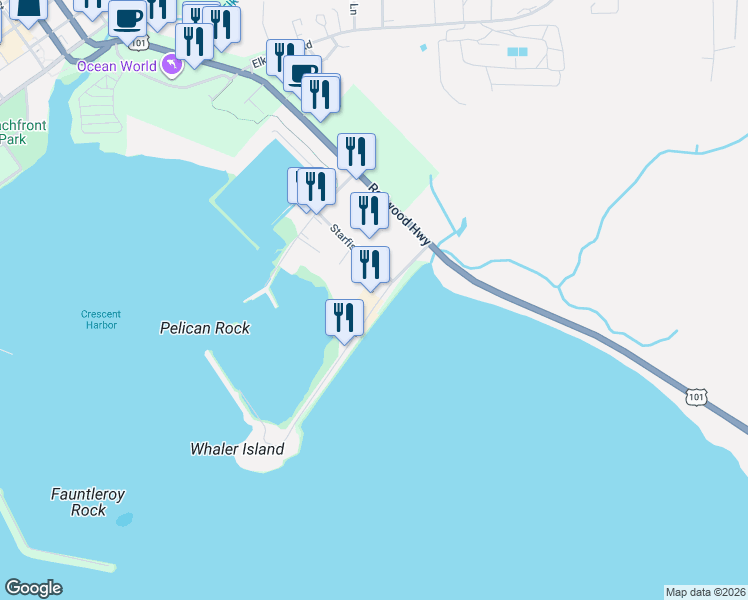 map of restaurants, bars, coffee shops, grocery stores, and more near 2 Anchor Way in Crescent City