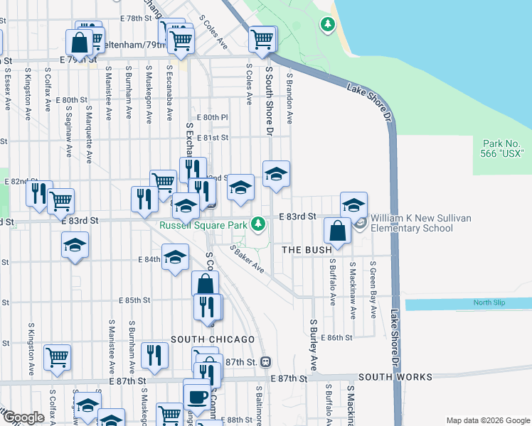 map of restaurants, bars, coffee shops, grocery stores, and more near 8251 South Coles Avenue in Chicago