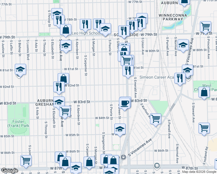 map of restaurants, bars, coffee shops, grocery stores, and more near 8200 South Peoria Street in Chicago