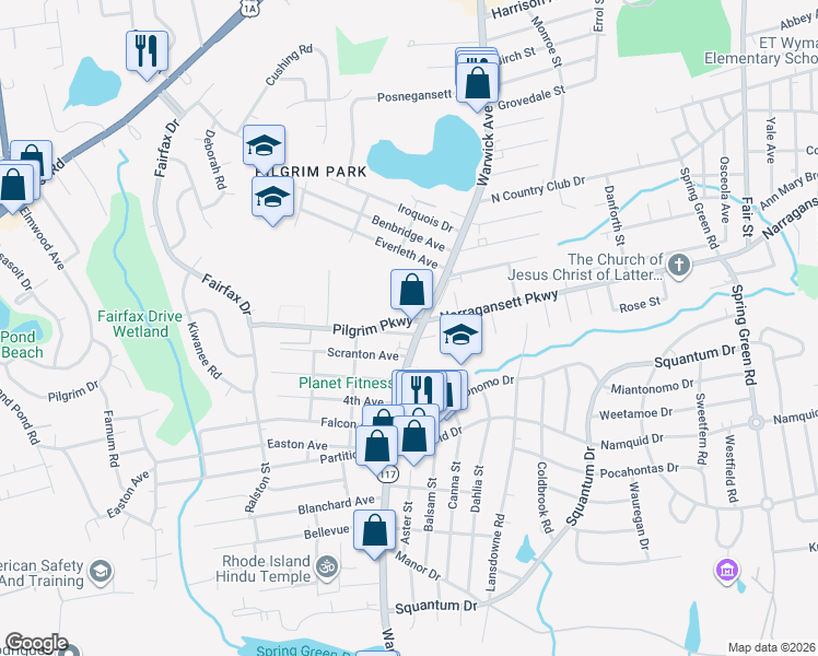 map of restaurants, bars, coffee shops, grocery stores, and more near 7 Fowler Avenue in Warwick