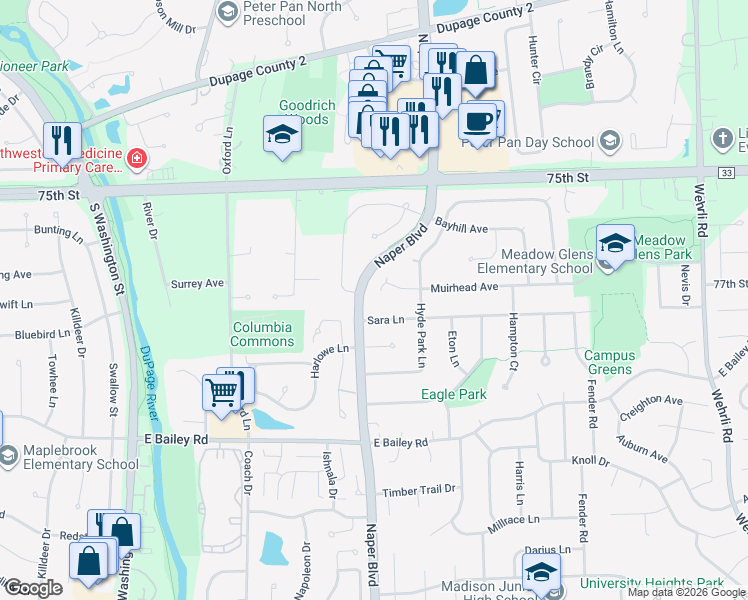 map of restaurants, bars, coffee shops, grocery stores, and more near 708 Muirhead Avenue in Naperville