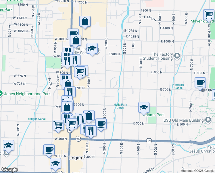 map of restaurants, bars, coffee shops, grocery stores, and more near in Logan