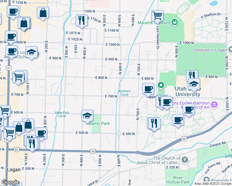 map of restaurants, bars, coffee shops, grocery stores, and more near 720 600 East in Logan