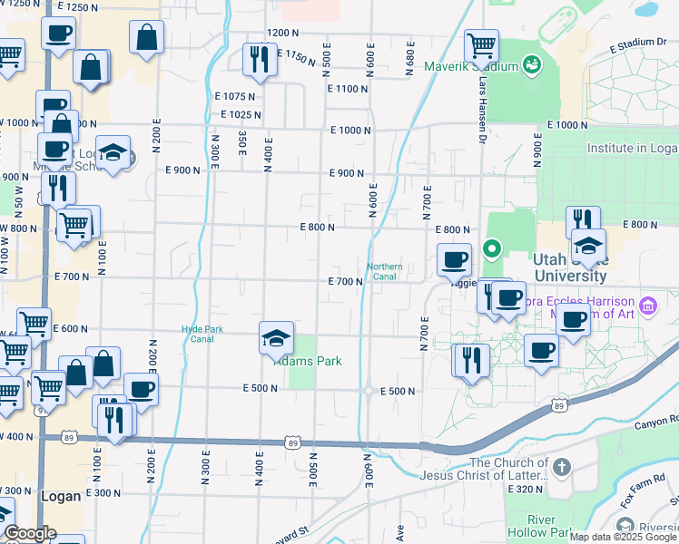 map of restaurants, bars, coffee shops, grocery stores, and more near 553 East 700 North in Logan