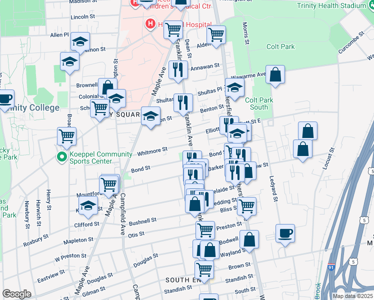 map of restaurants, bars, coffee shops, grocery stores, and more near 218 Franklin Avenue in Hartford