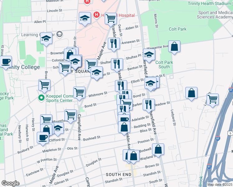 map of restaurants, bars, coffee shops, grocery stores, and more near 25 Whitmore Street in Hartford