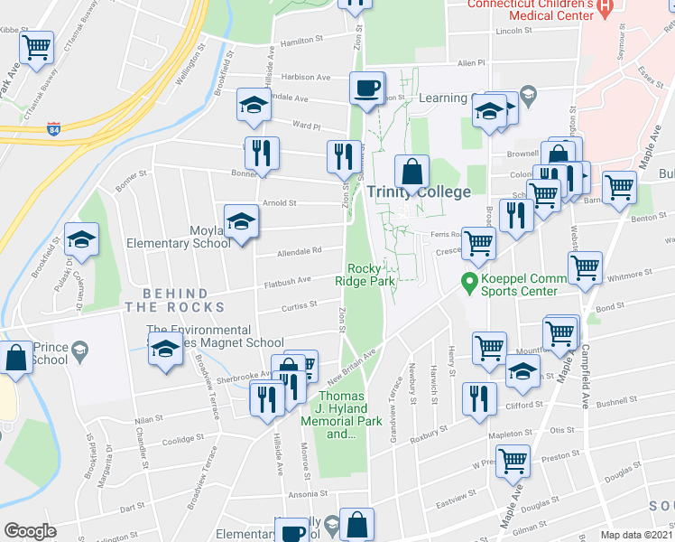 map of restaurants, bars, coffee shops, grocery stores, and more near 145 Zion Street in Hartford