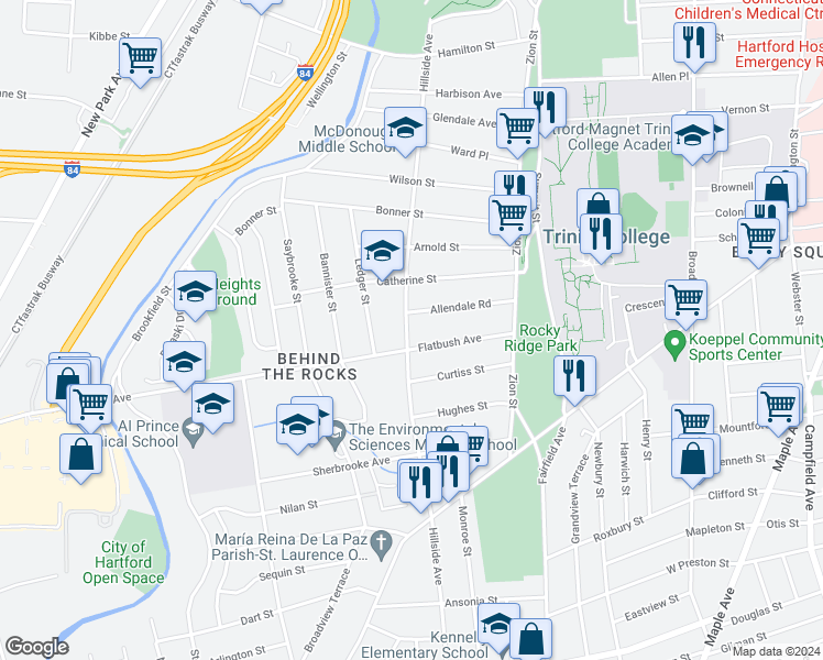 map of restaurants, bars, coffee shops, grocery stores, and more near 95 Allendale Road in Hartford