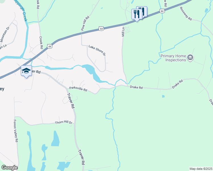 map of restaurants, bars, coffee shops, grocery stores, and more near 69 Parksville Road in Pleasant Valley