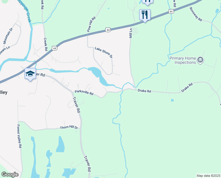 map of restaurants, bars, coffee shops, grocery stores, and more near 61 Parksville Road in Pleasant Valley