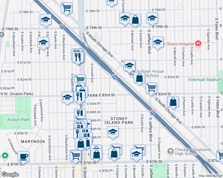 map of restaurants, bars, coffee shops, grocery stores, and more near 8236 South Ridgeland Avenue in Chicago