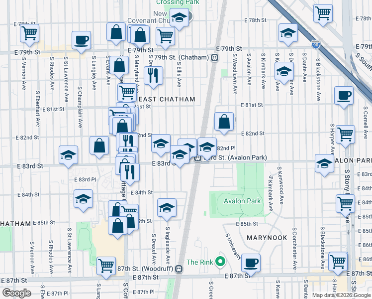 map of restaurants, bars, coffee shops, grocery stores, and more near 8229 South Ellis Avenue in Chicago