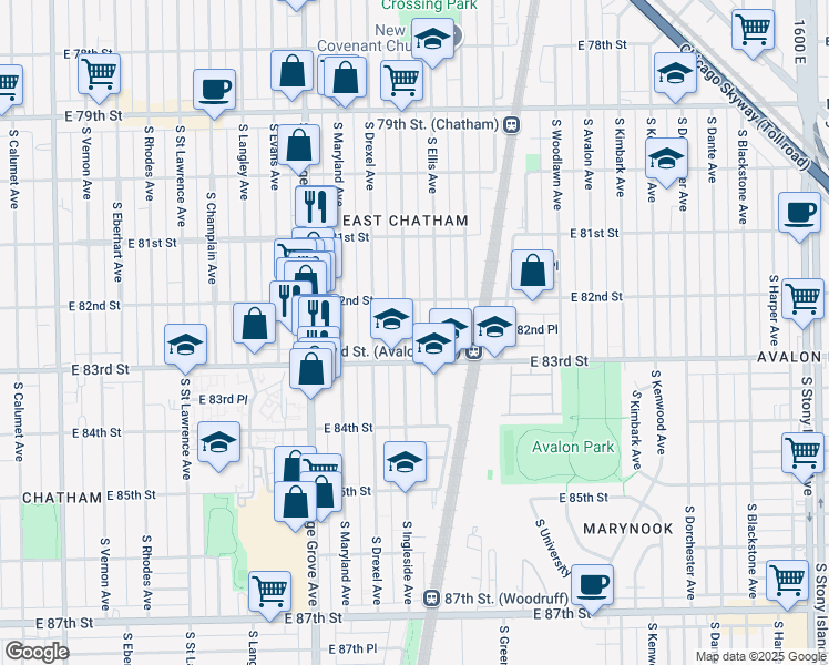 map of restaurants, bars, coffee shops, grocery stores, and more near 8222 South Ingleside Avenue in Chicago