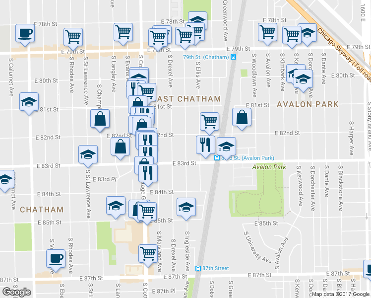 map of restaurants, bars, coffee shops, grocery stores, and more near 8222 South Ingleside Avenue in Chicago