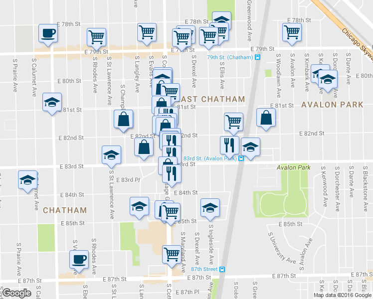 map of restaurants, bars, coffee shops, grocery stores, and more near 8226 South Drexel Avenue in Chicago