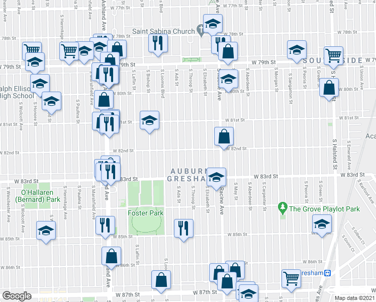 map of restaurants, bars, coffee shops, grocery stores, and more near 1322 West 82nd Street in Chicago