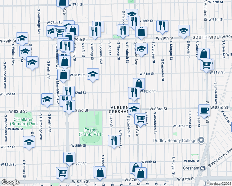 map of restaurants, bars, coffee shops, grocery stores, and more near 1322 West 82nd Street in Chicago