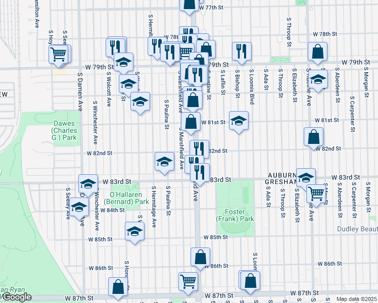 map of restaurants, bars, coffee shops, grocery stores, and more near 1624 West 82nd Street in Chicago