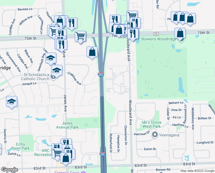 map of restaurants, bars, coffee shops, grocery stores, and more near 2263 Country Club Drive in Woodridge