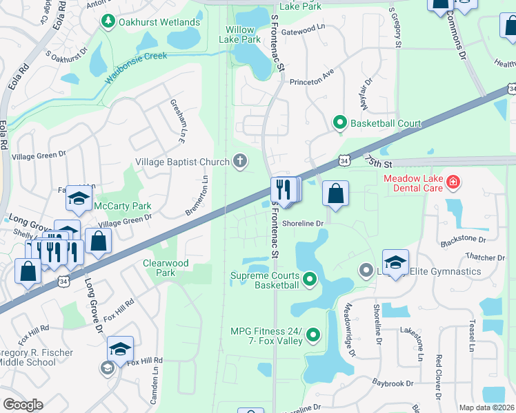 map of restaurants, bars, coffee shops, grocery stores, and more near 3357 Ravinia Circle in Aurora
