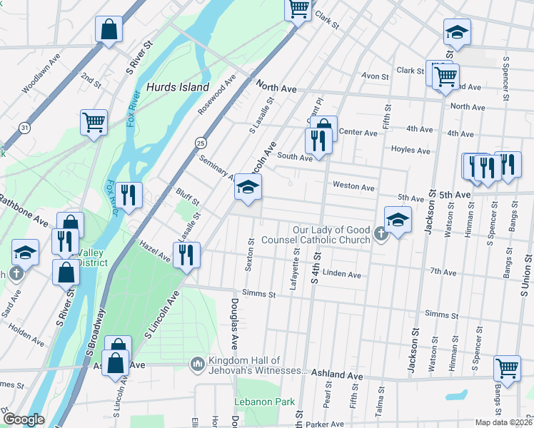 map of restaurants, bars, coffee shops, grocery stores, and more near 336 Marion Avenue in Aurora