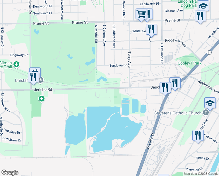 map of restaurants, bars, coffee shops, grocery stores, and more near 1245 Jericho Road in Aurora