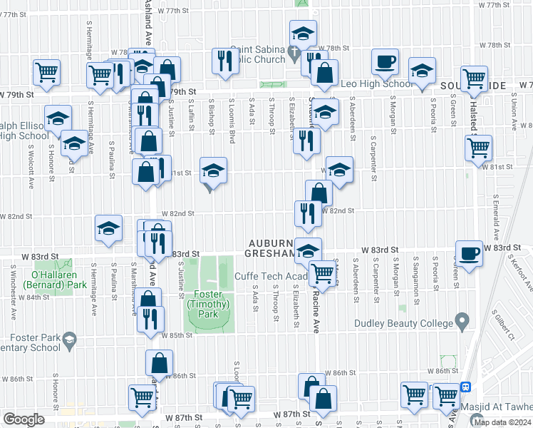map of restaurants, bars, coffee shops, grocery stores, and more near 1309 West 82nd Street in Chicago