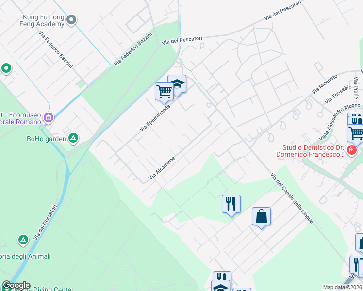 map of restaurants, bars, coffee shops, grocery stores, and more near 108 Via Alcamene in Città metropolitana di Roma Capitale