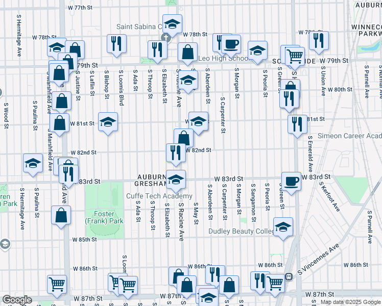 map of restaurants, bars, coffee shops, grocery stores, and more near 1141 West 82nd Street in Chicago