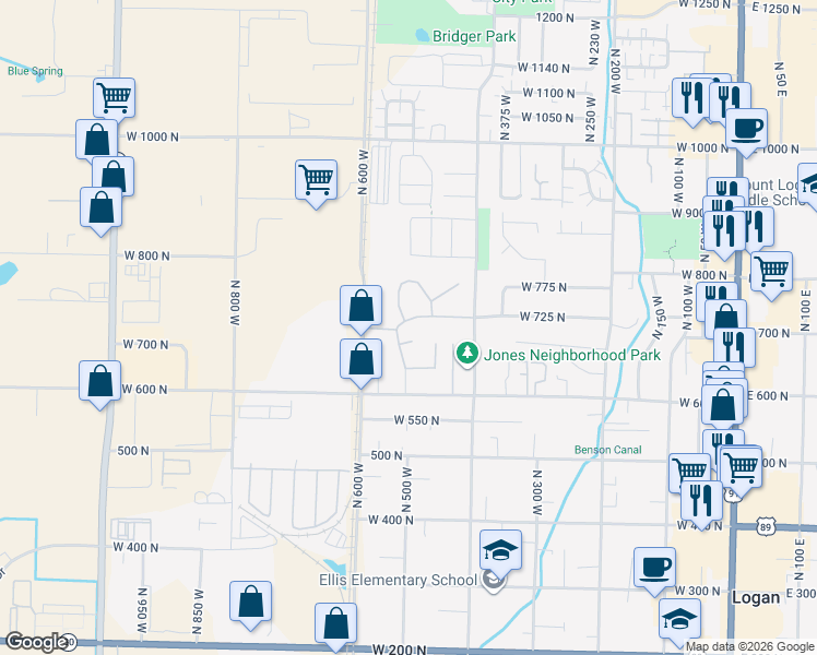 map of restaurants, bars, coffee shops, grocery stores, and more near 502 West 725 North in Logan