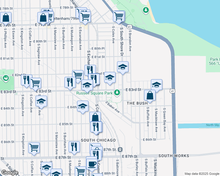 map of restaurants, bars, coffee shops, grocery stores, and more near 8255 South Houston Avenue in Chicago