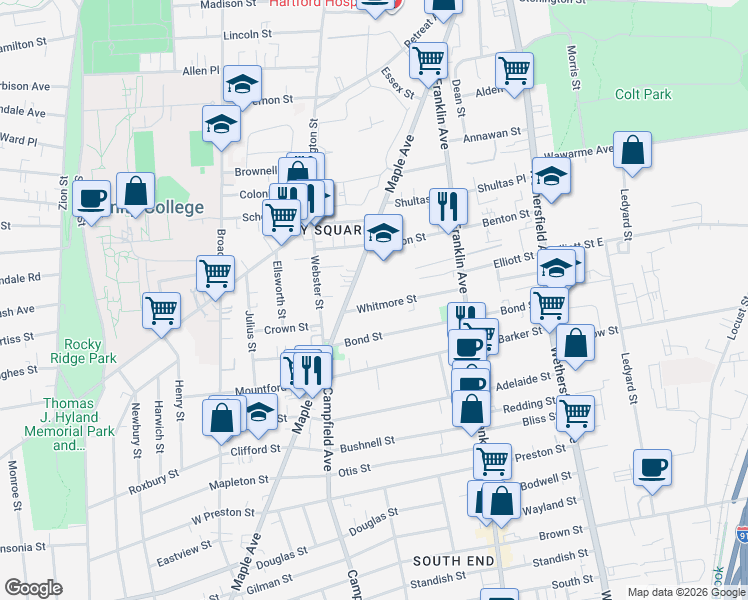 map of restaurants, bars, coffee shops, grocery stores, and more near 88 Whitmore Street in Hartford