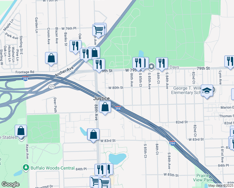 map of restaurants, bars, coffee shops, grocery stores, and more near 8017 South 87th Avenue in Justice